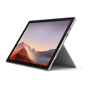 De MS Surface Pro 7, zwarte border, ilvere achterkant, laptop/tablet 2 in 1 met verschillende ports.