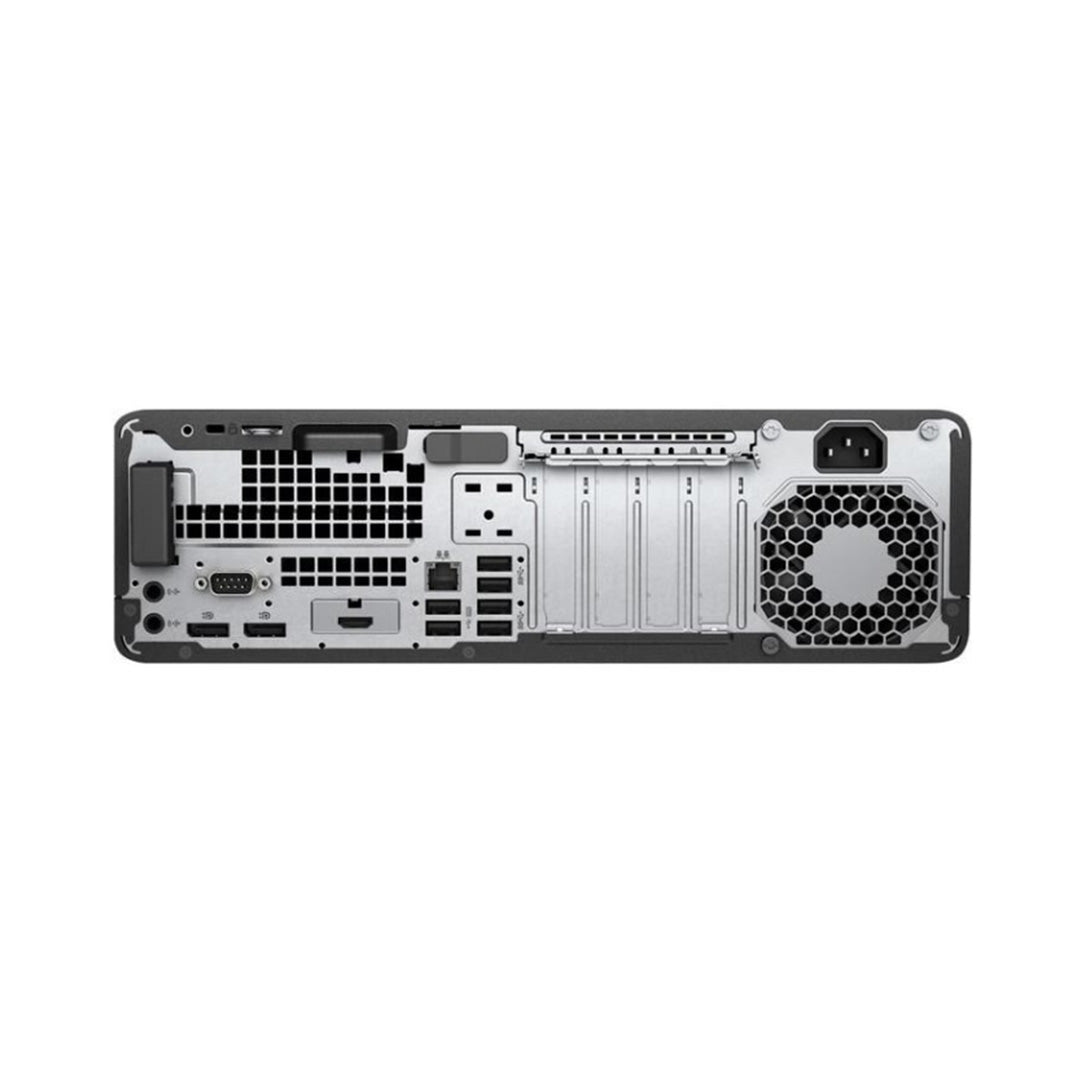 HP EliteDesk 800 G5 SFF van achter te zien met alle ports aan die kant
