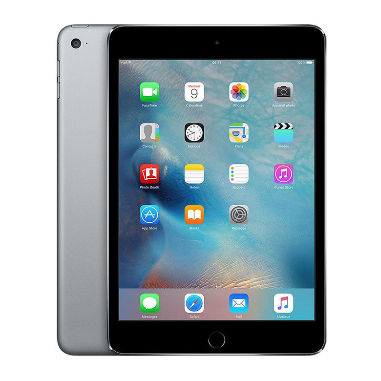 Zilvere Ipad Mini met een homebutton en zwart scherm