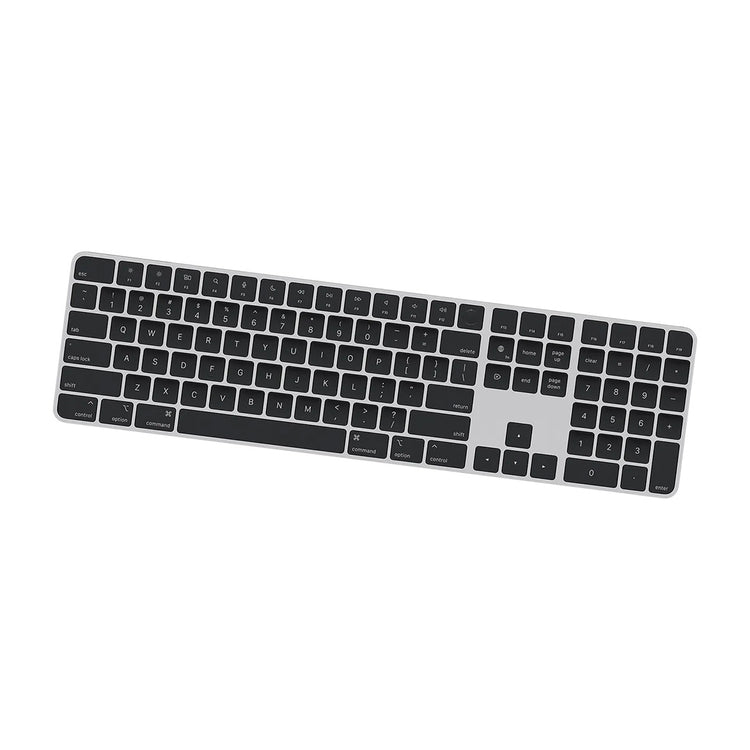 Zilveren apple keyboard met touch ID en zwarte toetsen.