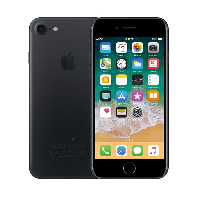 iPhone 7 zwart van voor- en achterkant te zien. Refurbished iPhone voor een voordelige prijs.