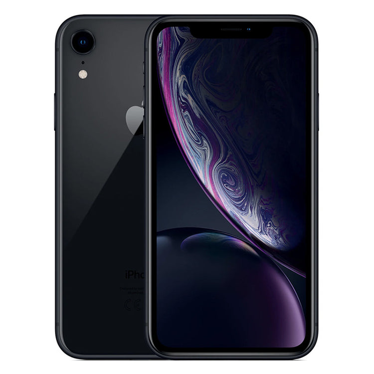 zwarte smartphone van Apple, XR model. Voor en achterkant te zien. Camera in beeld