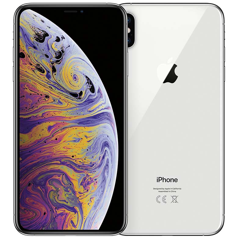 Witte Iphone XS max van voor en achter te zien. 2 camera's en een Apple logo op achterkant